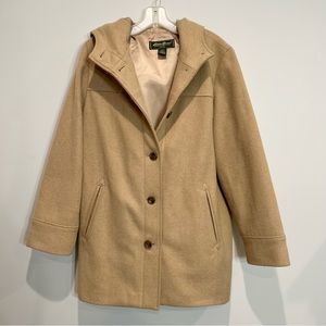 Eddie Bauer Coat Beige Wool Blend Button Down Pea Coat w Hood Large